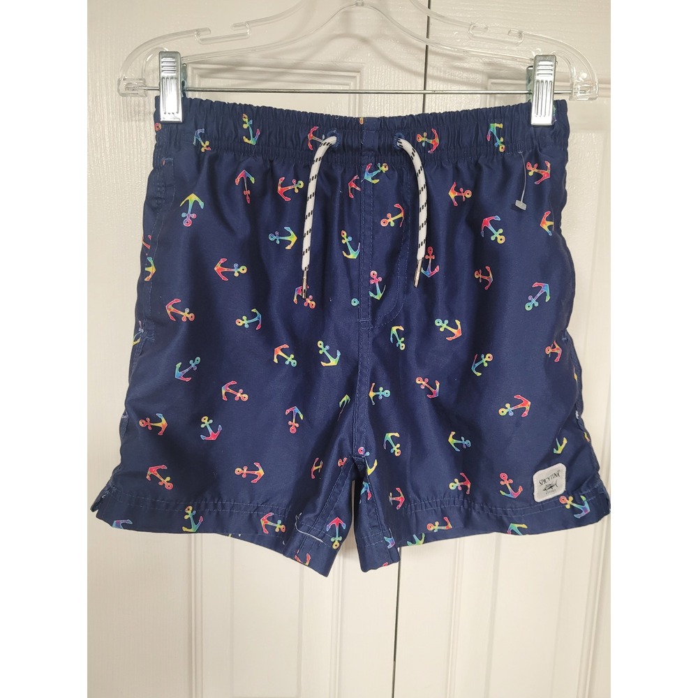 Spicy Tuna Boys Swim Trunks Navy Rainbow Anchor Board Shorts Pockets Size L